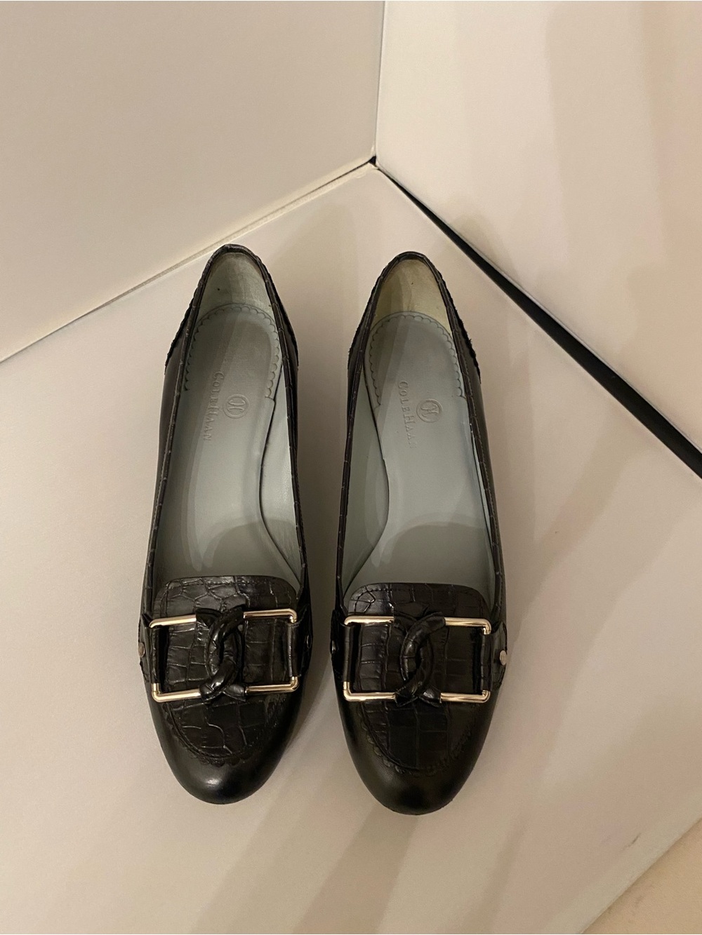 Cole Haan Black Croc-Embossed Leather Loafers with Silver Buckle,Size 7 1/2